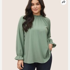 BloomChic Plus Size Plain Lantern Sleeve Ruffle Trim Mock Neck Blouse